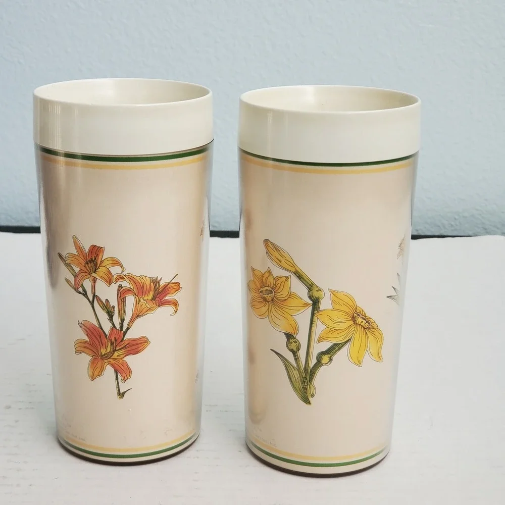 Vintage 1980 Thermo-Serv Floral Insulated Tumblers Set 2 Dart Ind Lily Daffodil